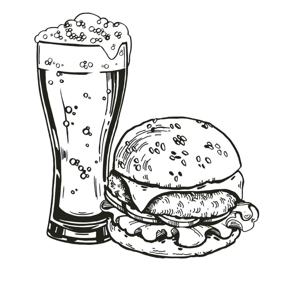 sketch of glass of beer with burger, hand drawn vector illustration of drink and fast food, beer mug and hamburger, doodle graphic, black and white color, monochrome