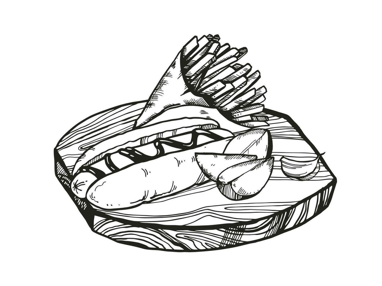 hand drawn vector illustration of fast food, ink sketch of hot dog, roasted potatoes, French fries in craft paper on cutting wooden board, black and white illustration isolated on white background