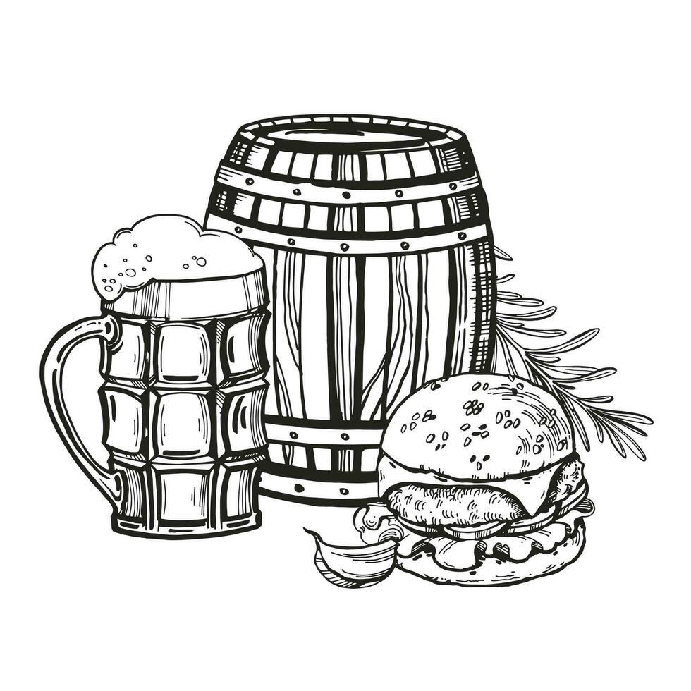 Hand drawn vector sketch of wooden barrel for beer, beer glass, burger, garlic and rosemary, black and white illustration of beer theme, inked illustration isolated on white background