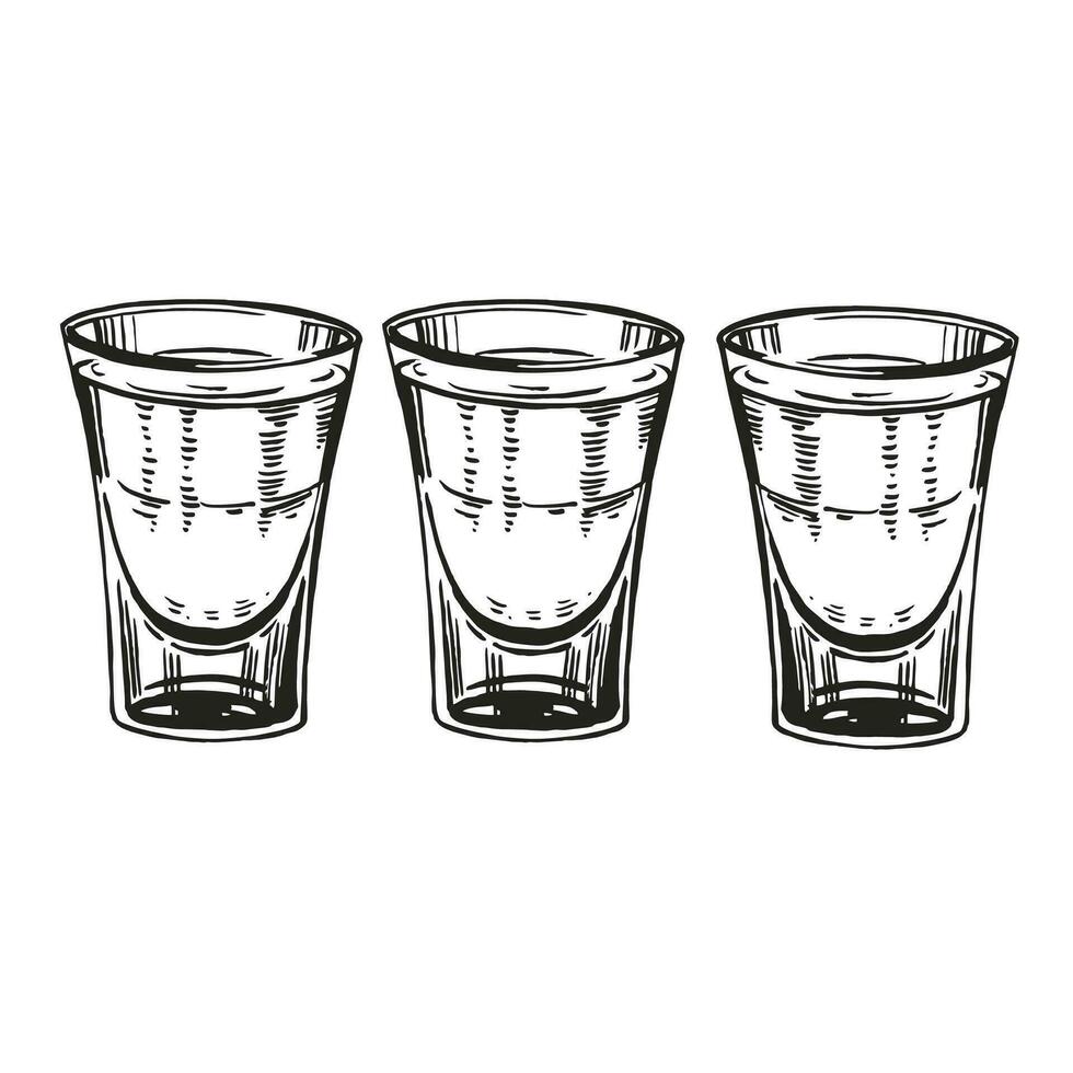 set of vector shot glasses for alcoholic drinks such as vodka and tequila, hand drawn sketch of shot glasses for strong alcohol, black and white inked illustration isolated on white background