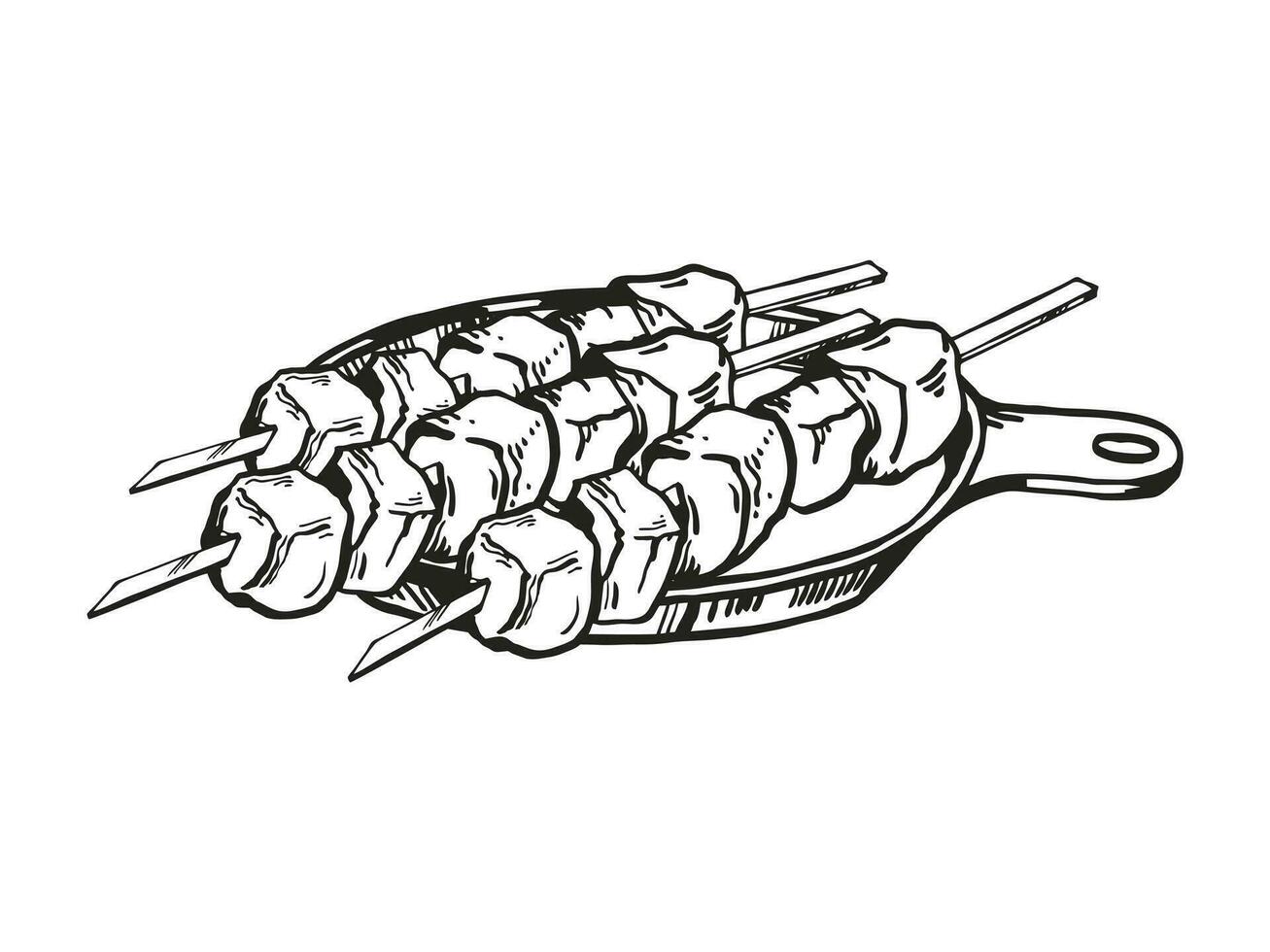 Vector hand drawn grilled kebab, ink food illustration with three skewers with meat barbecue kebab, black and white sketch of barbeque theme isolated on white background