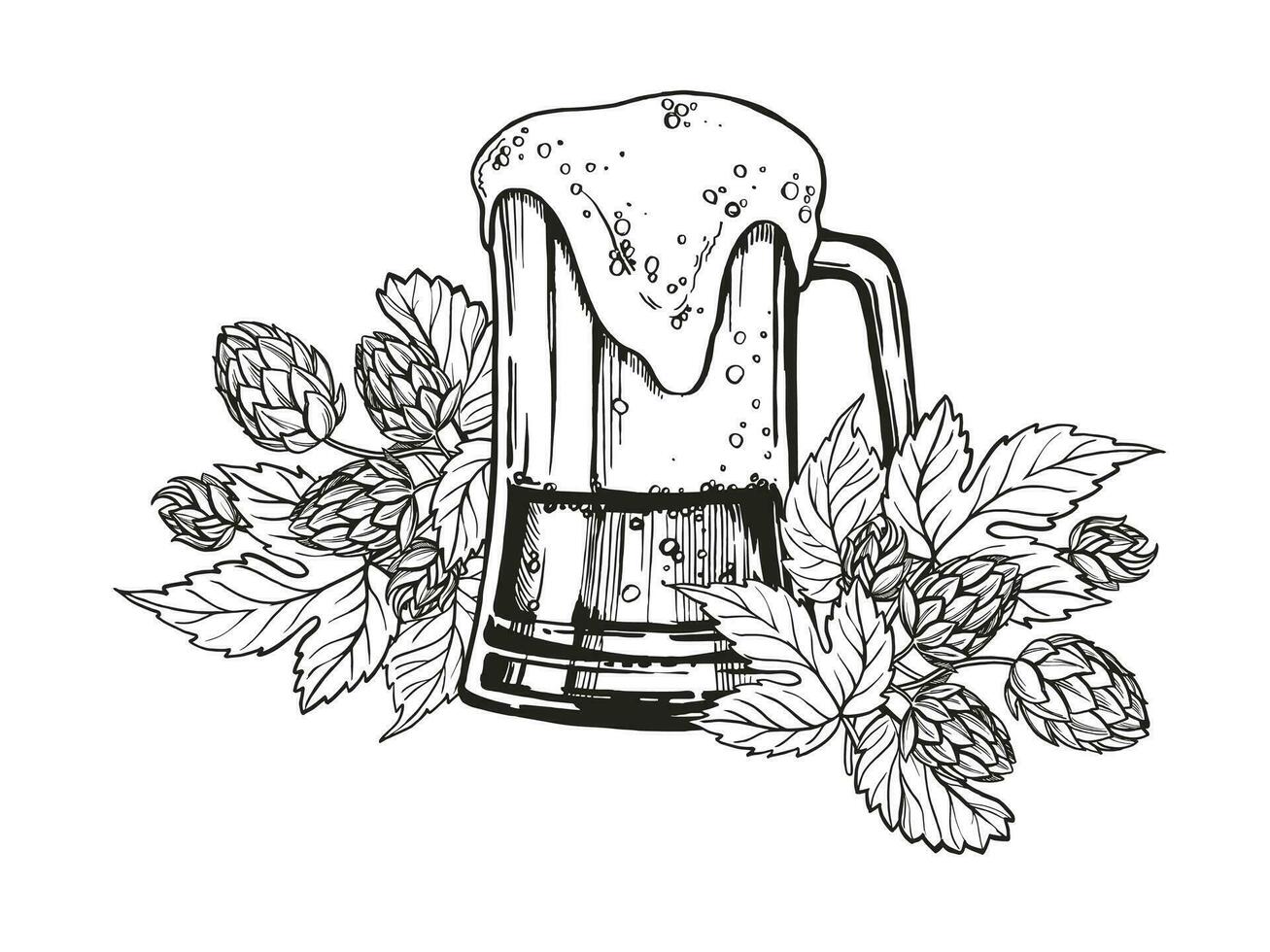 Hand drawn vector sketch of full beer glass with foam and hop plant with leaves and buds, beer ingredients, black and white illustration of beer theme, inked illustration isolated on white background