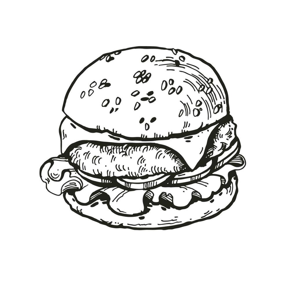 vector illustration of burger with meat, onion, tomatoes, cheese, hand drawn sketch of fast food, isolated on white background, black and white ink illustration