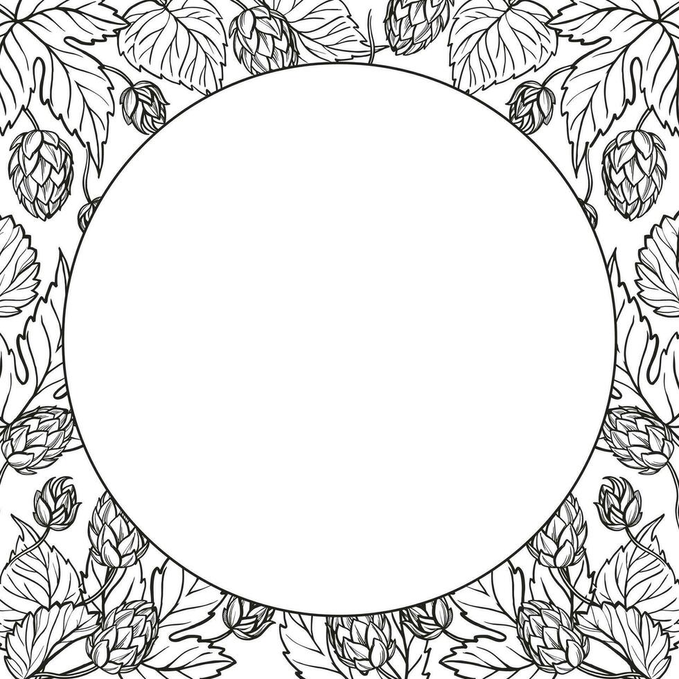 Hand drawn vector circle frame with hop plant, leaves and buds, craft beer ingredients, black and white illustration of branch humulus lupulus, inked illustration isolated on white background