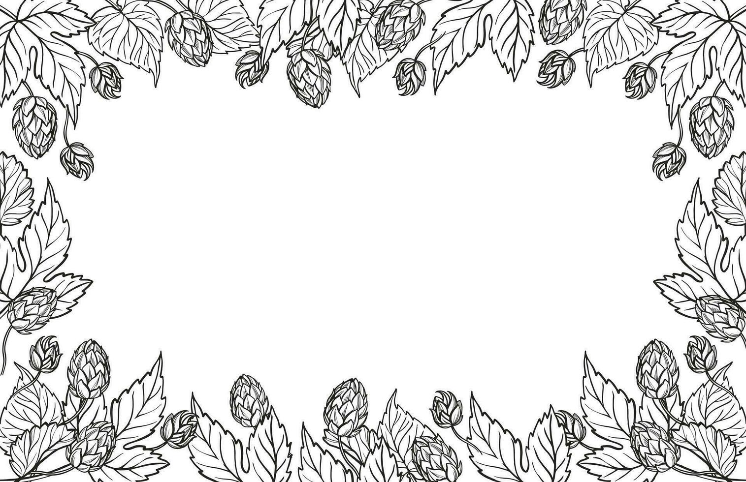 Hand drawn vector frame with hop plant, leaves and buds, craft beer ingredients, black and white illustration of branch humulus lupulus, inked illustration isolated on white background