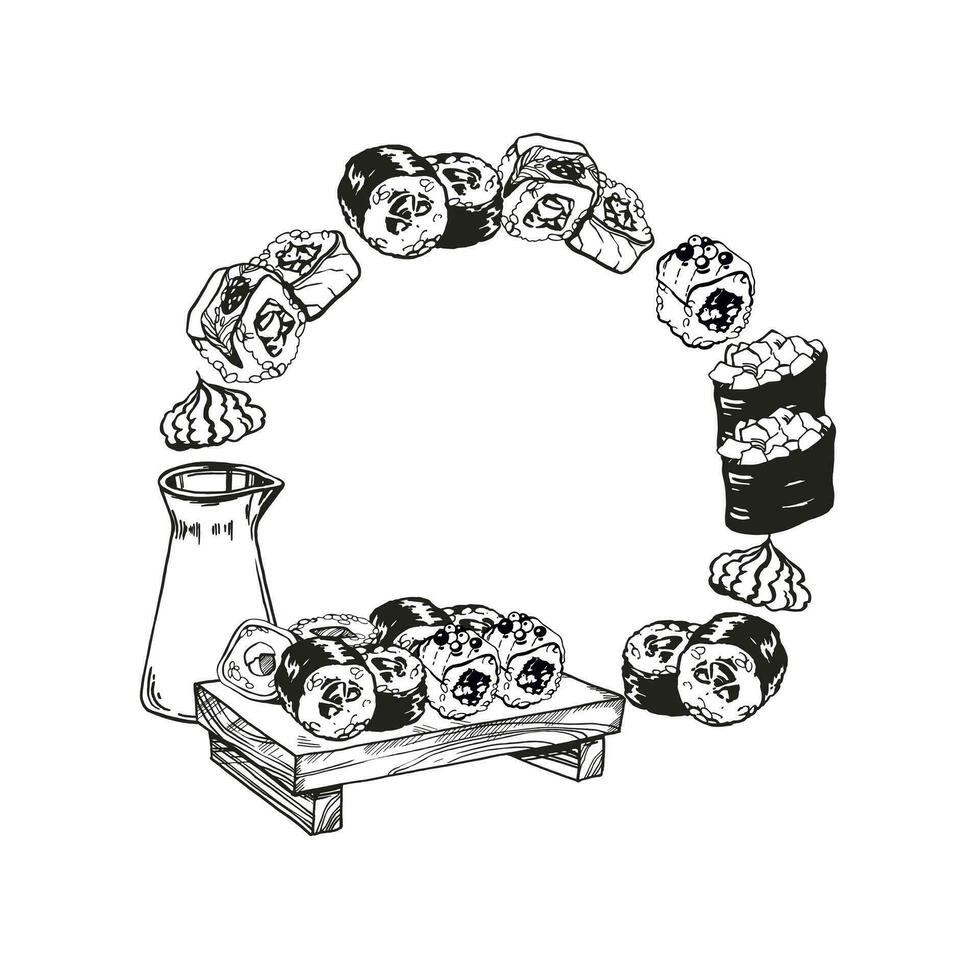 vector wreath of Japanese food theme with rolls, sushi, sashimi, soy sauce, food illustration, hand drawn inked monochrome sketch of seafood, frame isolated on white background