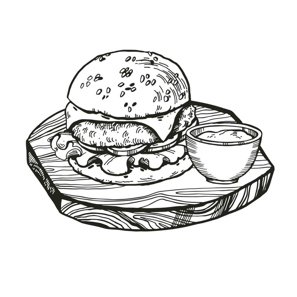 vector illustration of burger with meat, onion, tomatoes, cheese and sauce on wooden cut board, hand drawn sketch of fast food, isolated on white background, black and white ink illustration