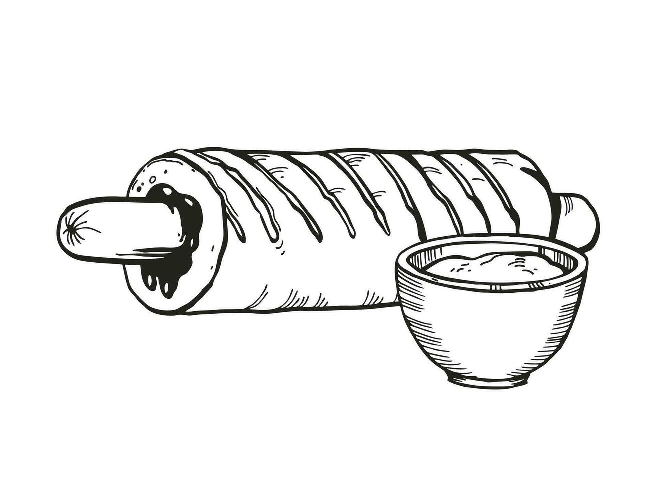 hand drawn vector illustration of fast food, ink sketch of hot dog in a bun and with mustard or sauce, black and white illustration of sausage with sauce isolated on white background