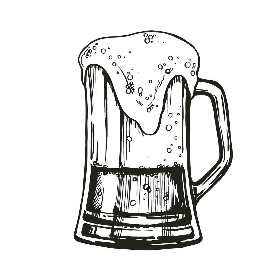 sketch of glass of beer, hand drawn vector illustration of drink with a lot of foam, beer mug, doodle graphic, black and white color, monochrome