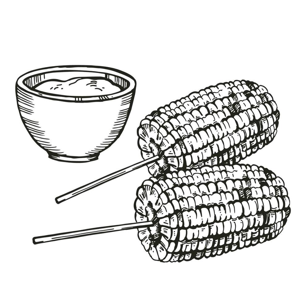 mano dibujado vector bosquejo de dos horneado dulce maíz y borracho, A la parrilla maíz oreja, negro y blanco ilustración de maíz oído de maíz, entintado ilustración aislado en blanco antecedentes
