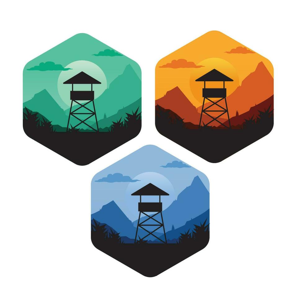 Hunting tower icon set in hexagon shape. Vector illustration.