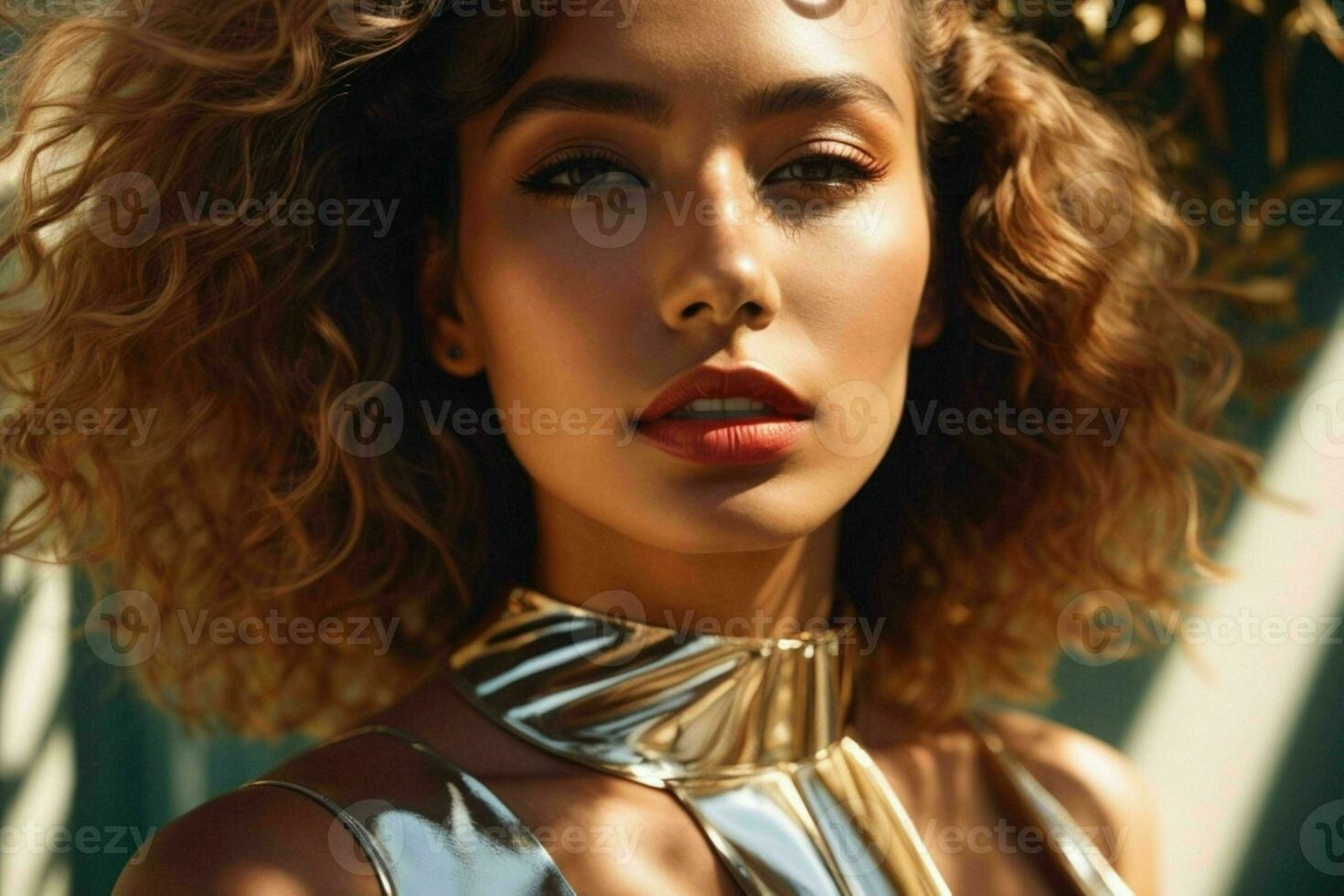AI generated Stunning beautiful young woman with high contrast shadow and fashionable style photo