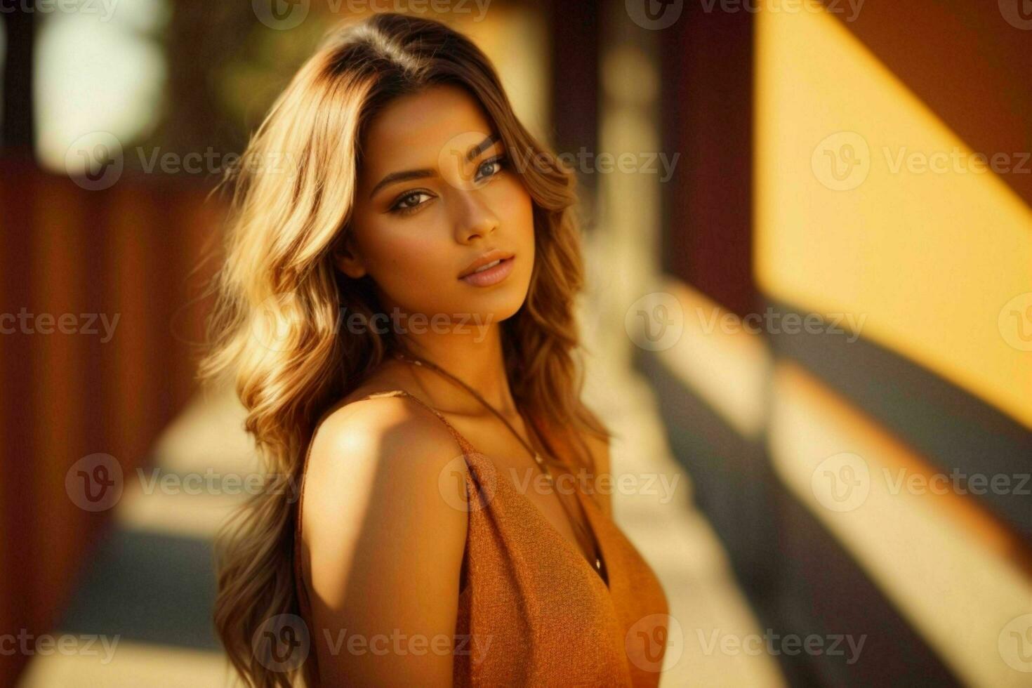 AI generated Stunning beautiful young woman with high contrast shadow and fashionable style photo