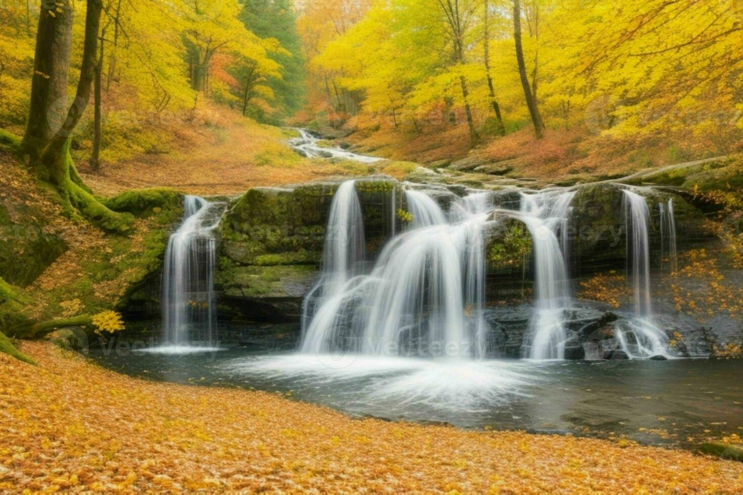 AI generated Waterfall in autumn forest landscape background. Pro Photo