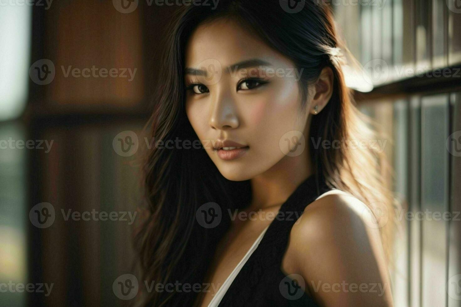 AI generated Stunning beautiful young Asian woman with high contrast shadow and fashionable style. Pro Photo