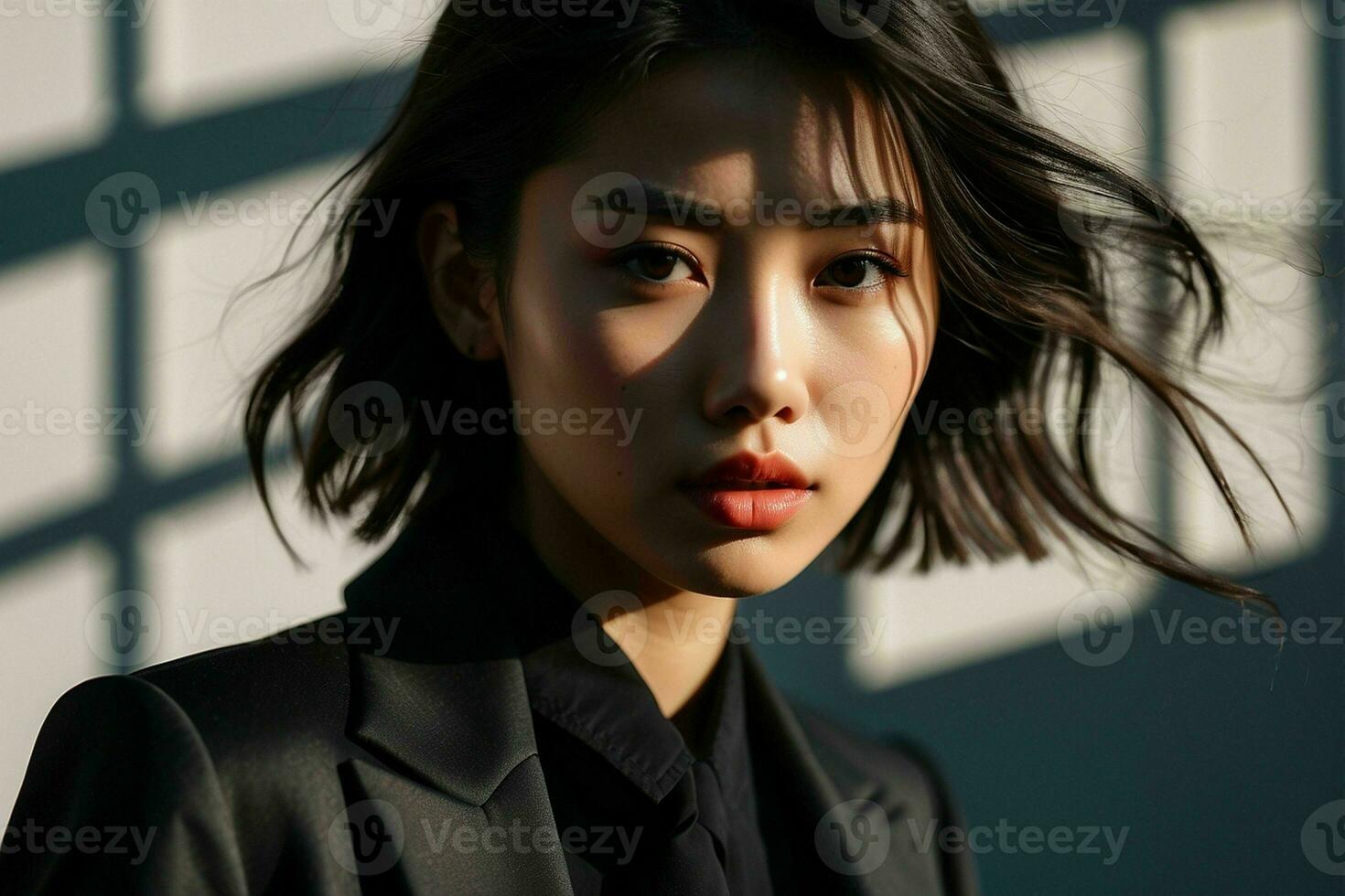 AI generated Stunning beautiful young Asian woman with high contrast shadow and fashionable style. Pro Photo