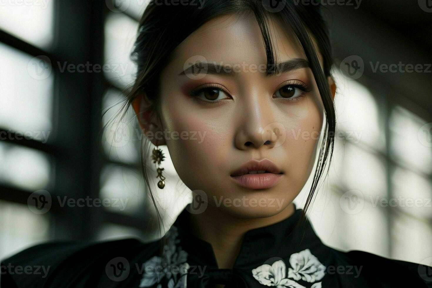 AI generated Stunning beautiful young Asian woman with high contrast shadow and fashionable style. Pro Photo