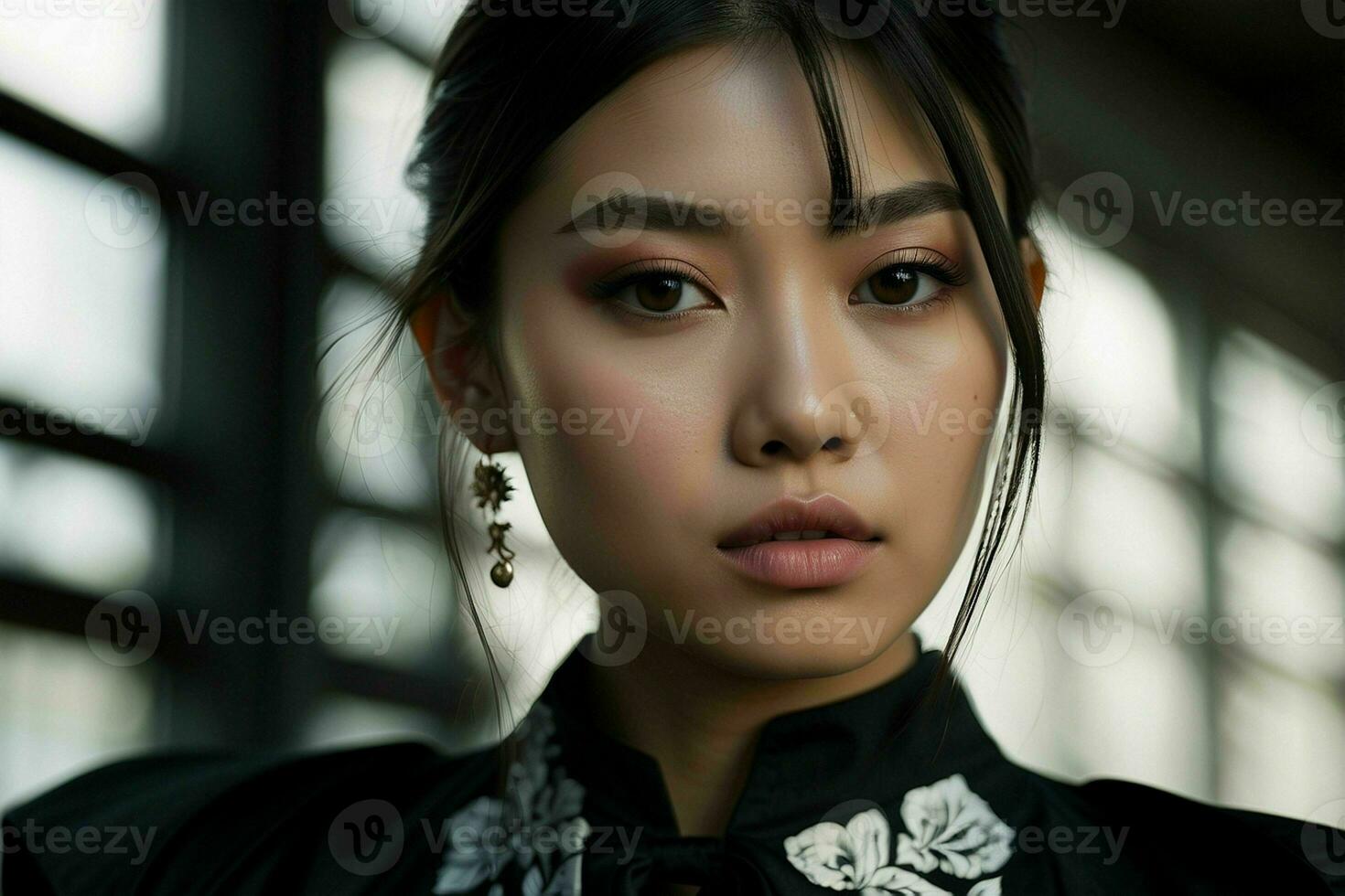 ai generado maravilloso hermosa joven asiático mujer con alto contraste sombra y de moda estilo. Pro foto