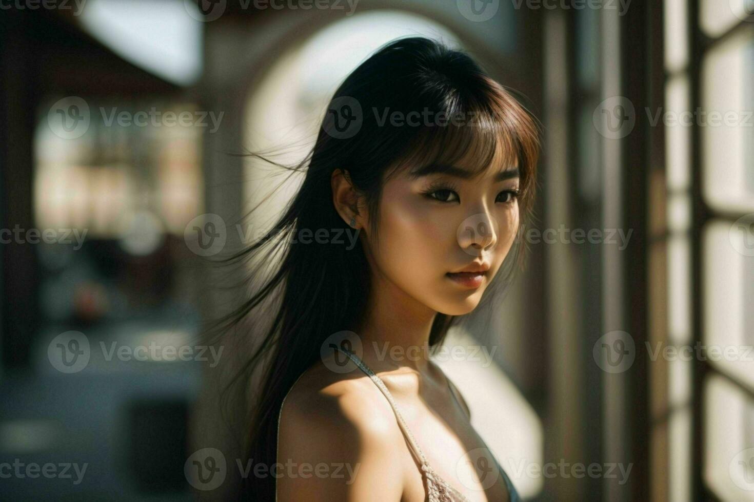 AI generated Stunning beautiful young Asian woman with high contrast shadow and fashionable style. Pro Photo