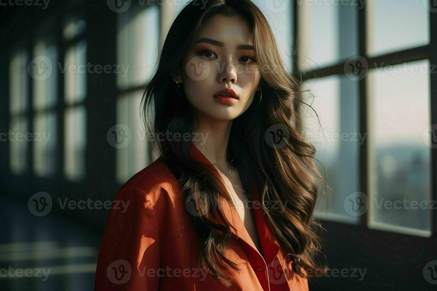 AI generated Stunning beautiful young Asian woman with high contrast shadow and fashionable style. Pro Photo