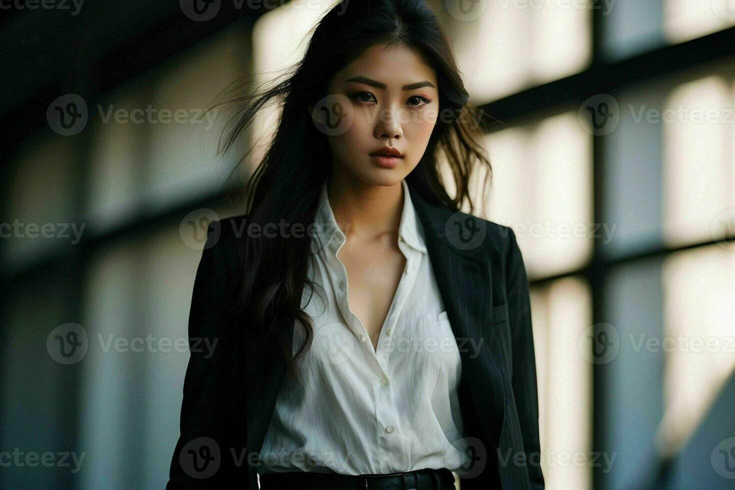 AI generated Stunning beautiful young Asian woman with high contrast shadow and fashionable style. Pro Photo