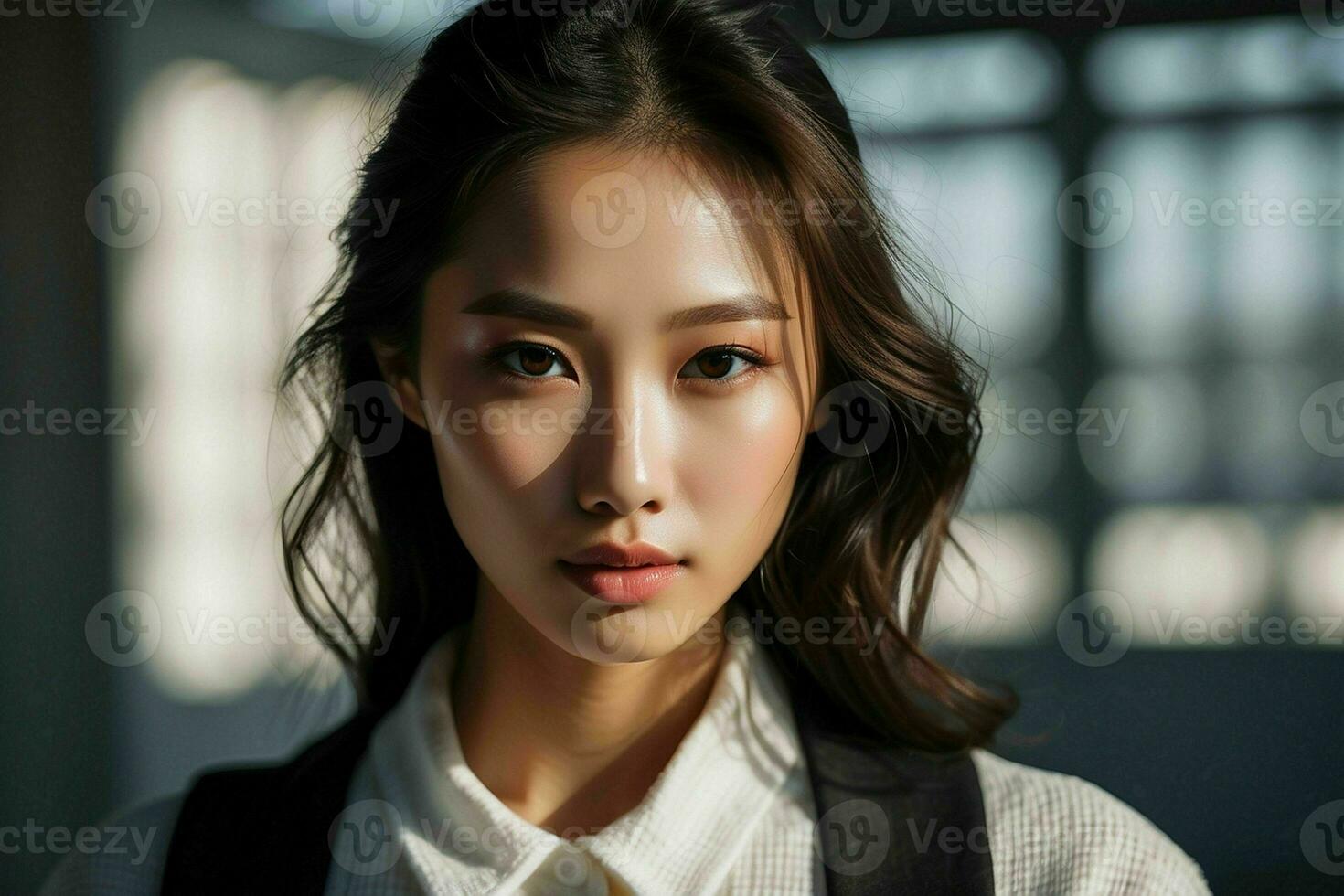 AI generated Stunning beautiful young Asian woman with high contrast shadow and fashionable style. Pro Photo