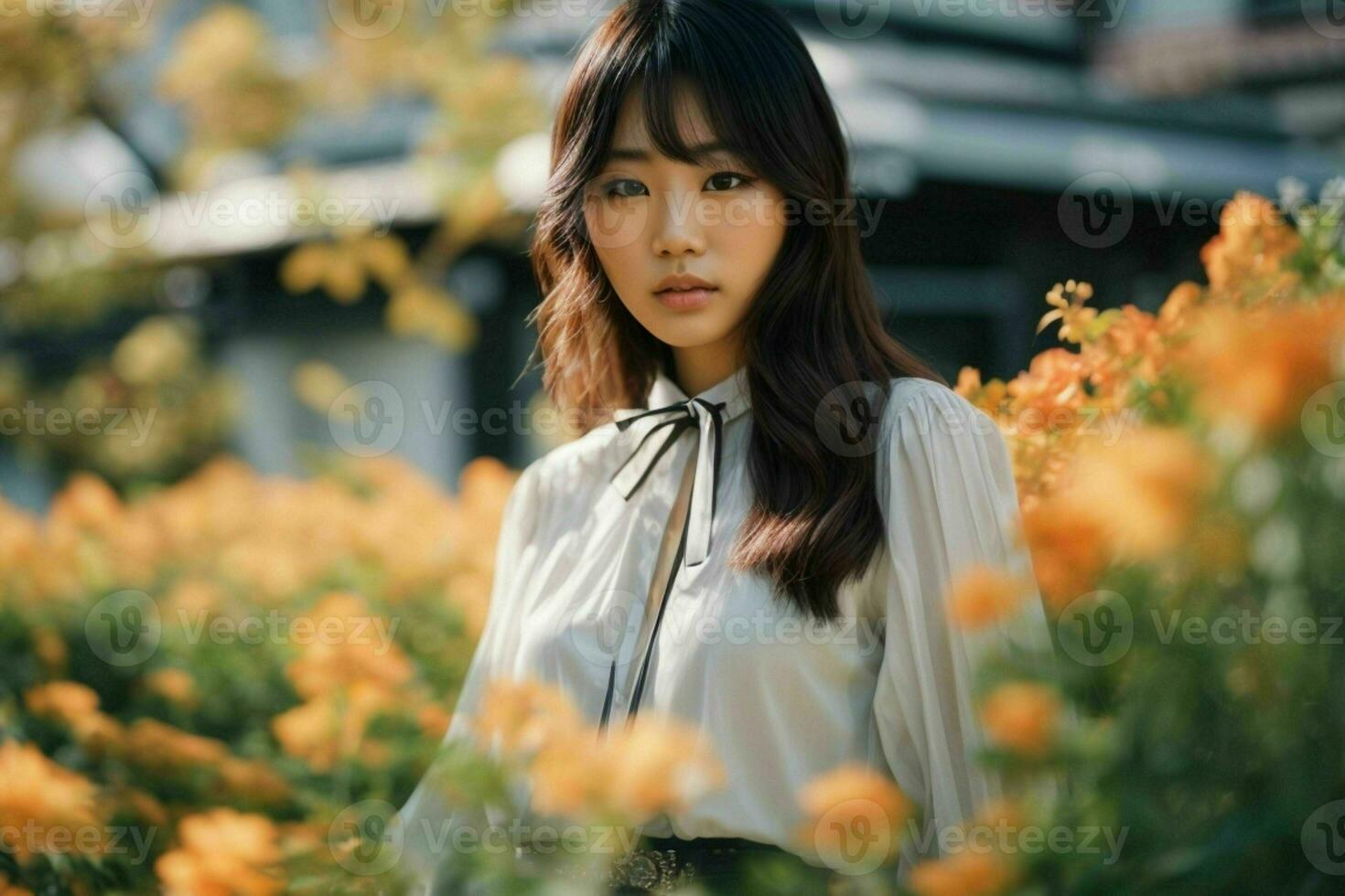 AI generated Stunning beautiful young Asian woman with high contrast shadow and fashionable style. Pro Photo
