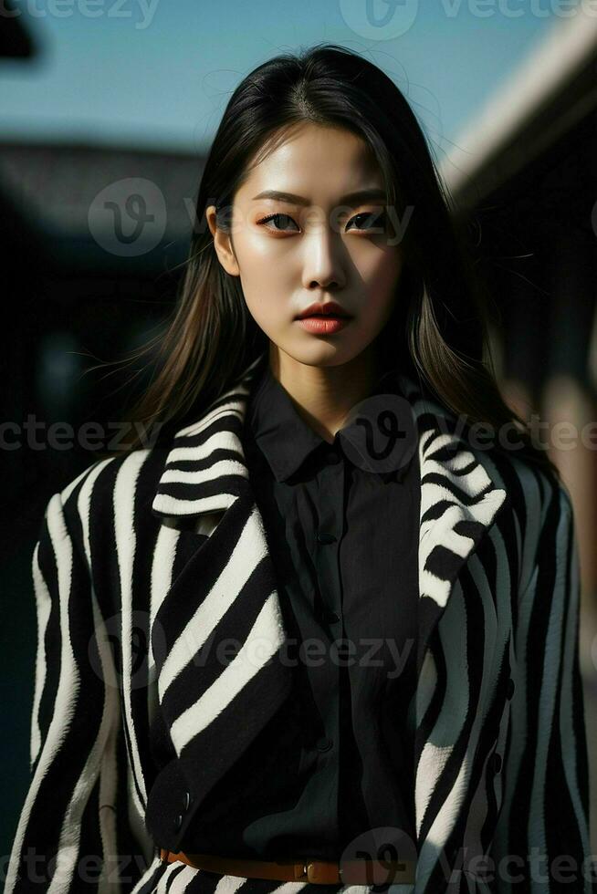 AI generated Stunning beautiful young Asian woman with high contrast shadow and fashionable style. Pro Photo