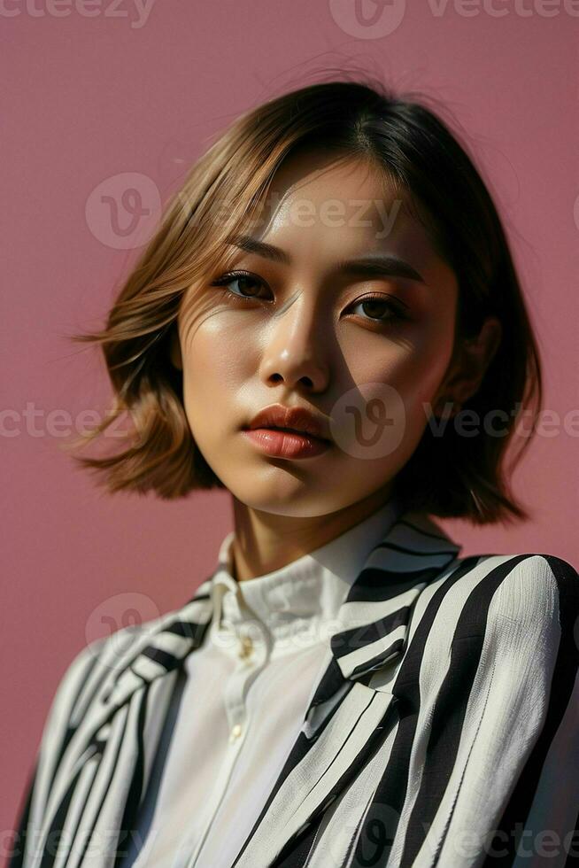 AI generated Stunning beautiful young Asian woman with high contrast shadow and fashionable style. Pro Photo