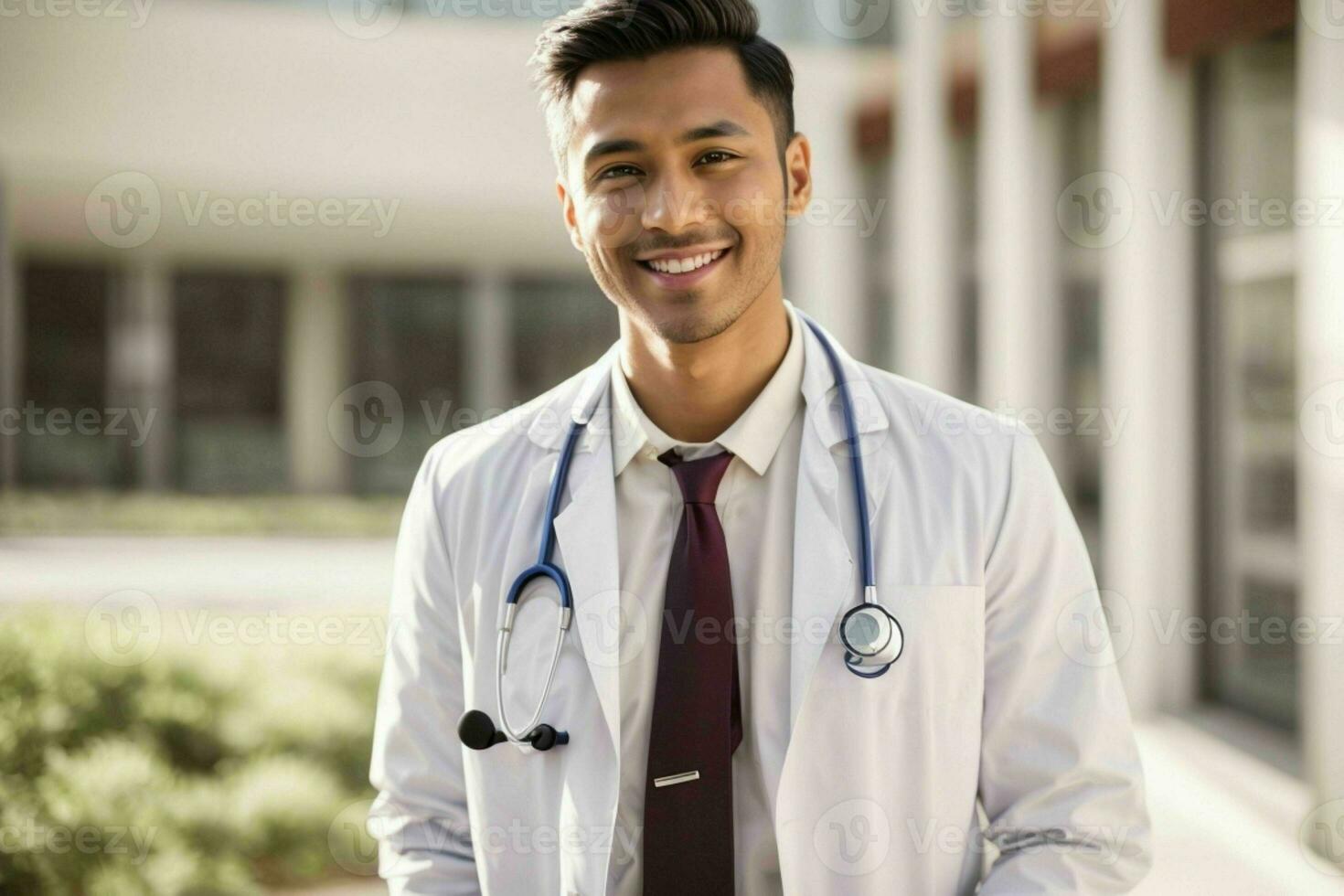 ai generado sonriente joven masculino médico en un blanco abrigo, un estetoscopio a un hospital. Pro foto