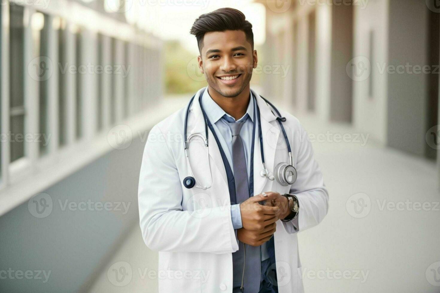 ai generado sonriente joven masculino médico en un blanco abrigo, un estetoscopio a un hospital. Pro foto