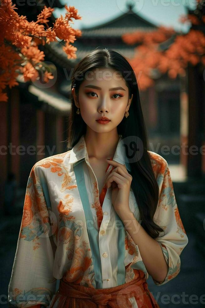 AI generated Stunning beautiful young Asian woman with high contrast shadow and fashionable style. Pro Photo