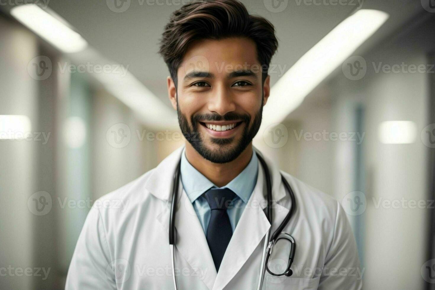 ai generado sonriente joven masculino médico en un blanco abrigo, un estetoscopio a un hospital. Pro foto