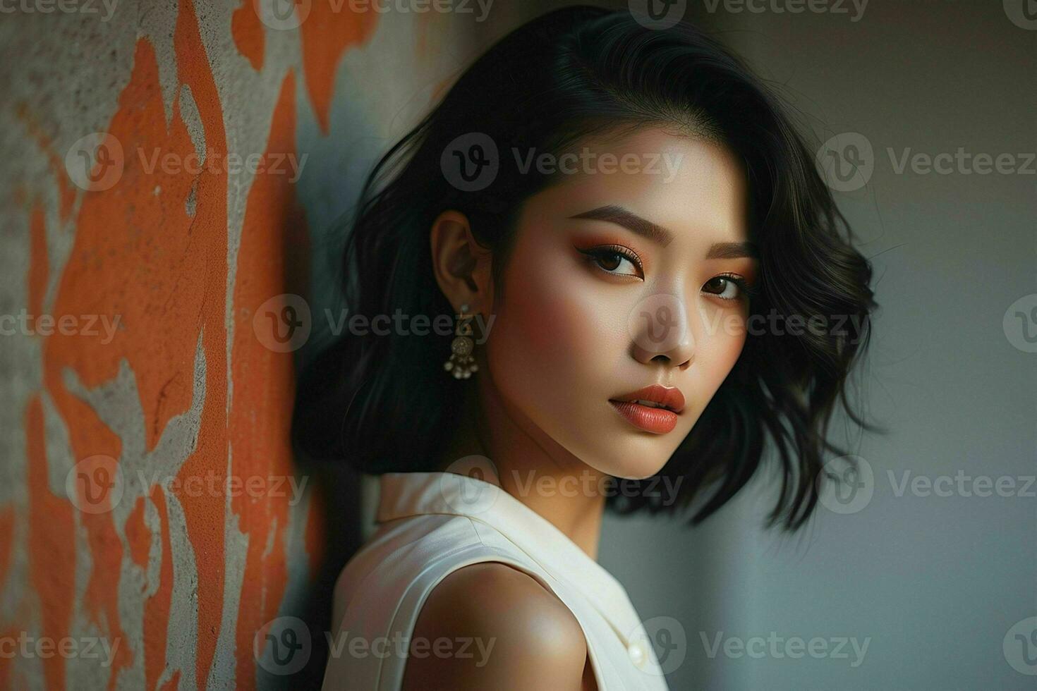 AI generated Stunning beautiful young Asian woman with high contrast shadow and fashionable style. Pro Photo
