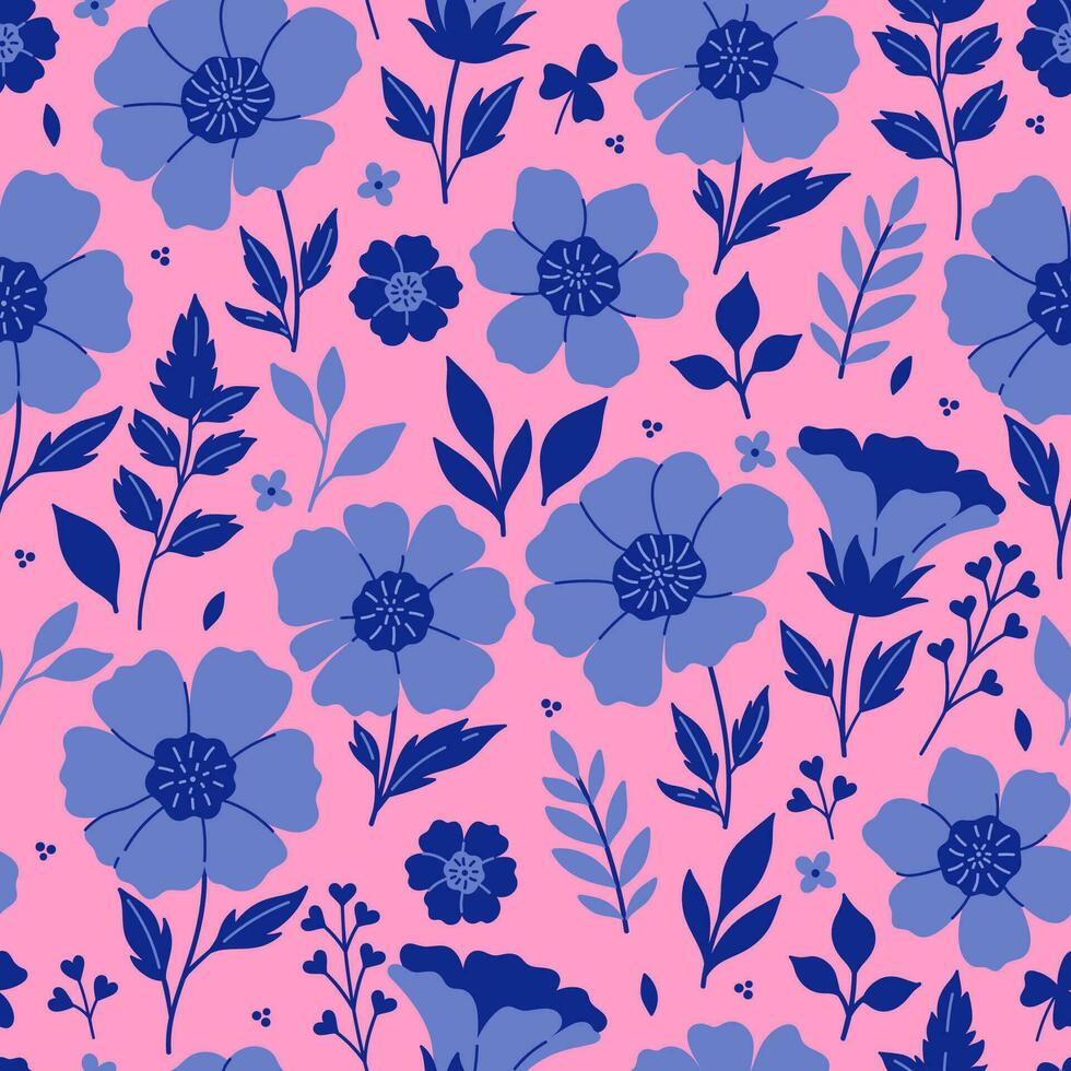 Seamless pattern with blue anemone flowers on a pink background. Vector graphics.