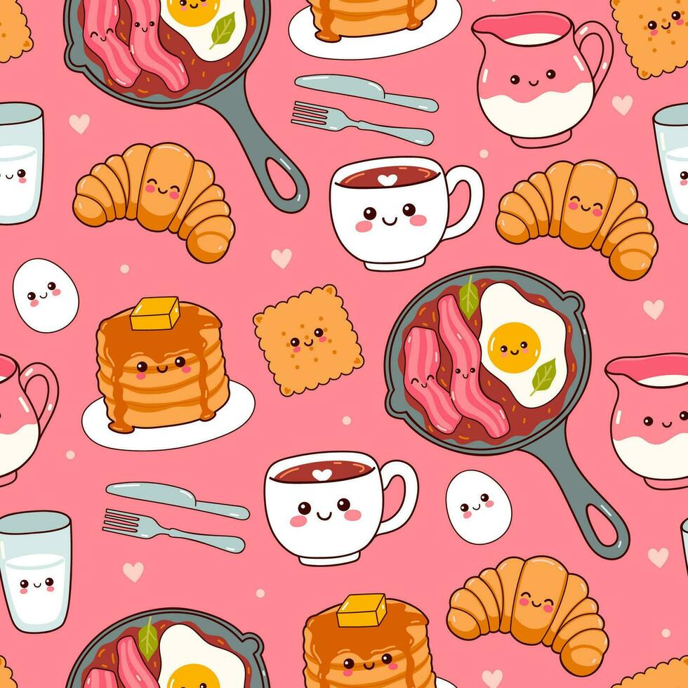 Cute Seamless pattern with kawaii food for breakfast. Vector graphics.