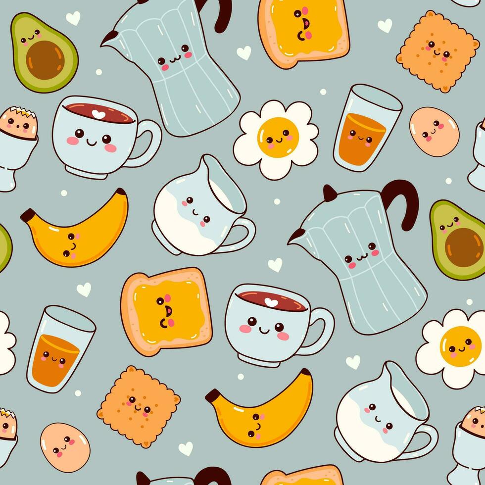 Cute Seamless pattern with kawaii food for breakfast. Vector graphics.