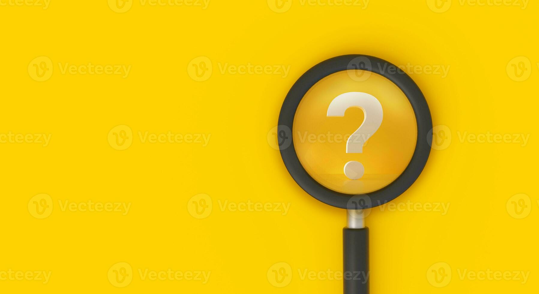 Magnifying glass with question mark on yellow background, search, question answer, problem or business solution concept. photo