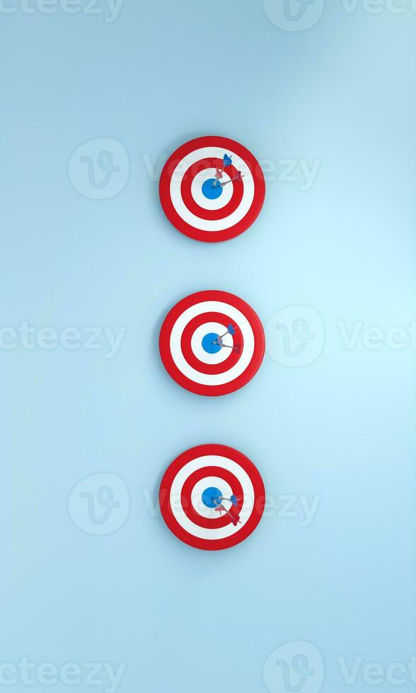 Row dart hitting target on blue background. Bullseye success concept. Vertical Size. photo