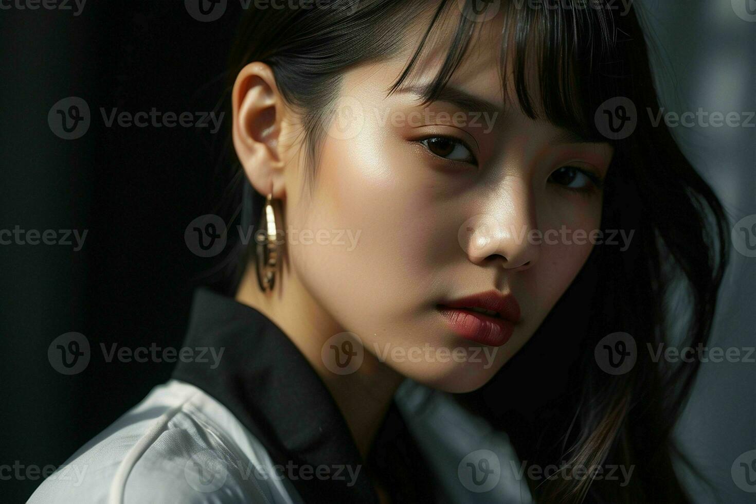 AI generated Stunning beautiful young Asian woman with high contrast shadow and fashionable style. Pro Photo
