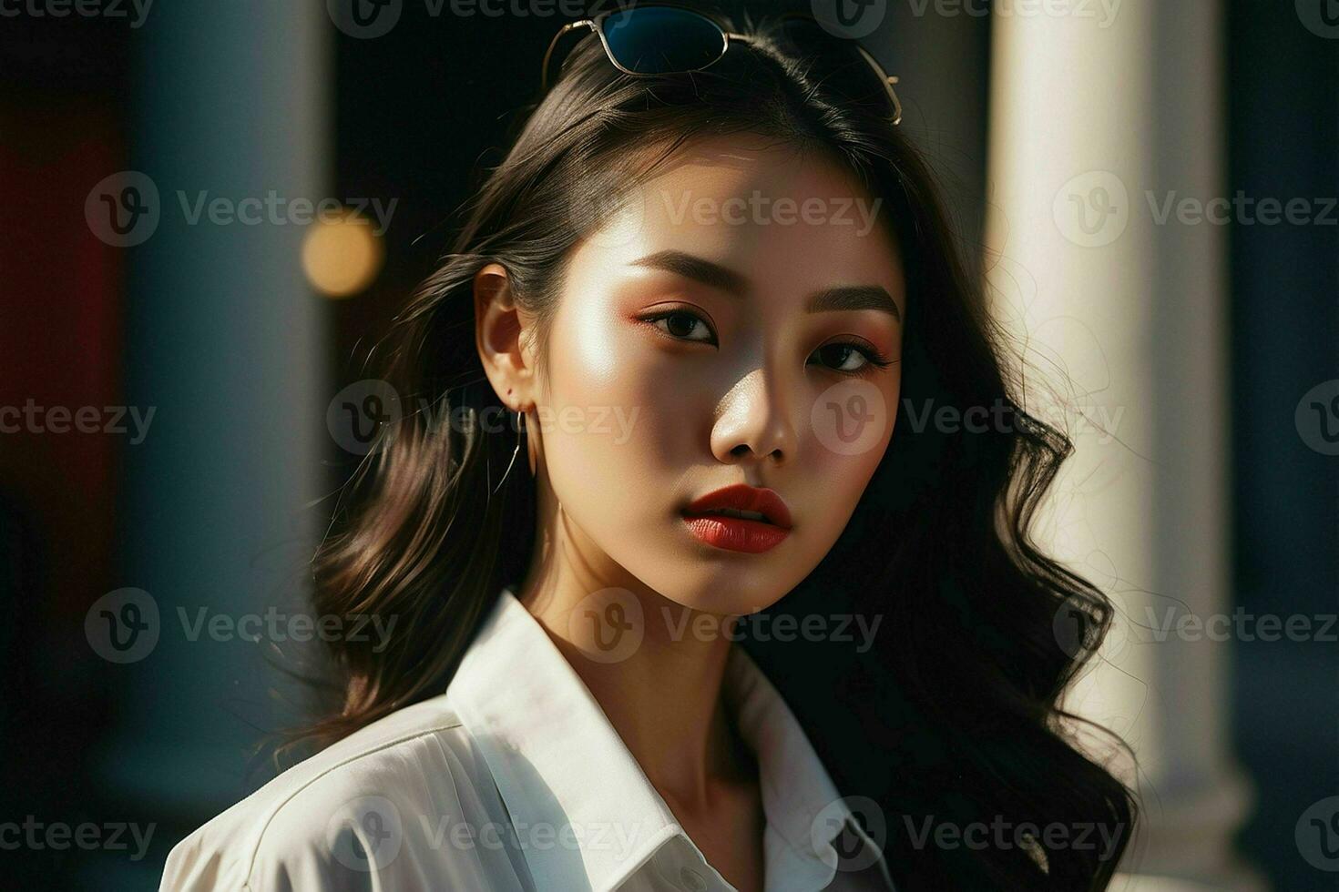 AI generated Stunning beautiful young Asian woman with high contrast shadow and fashionable style. Pro Photo