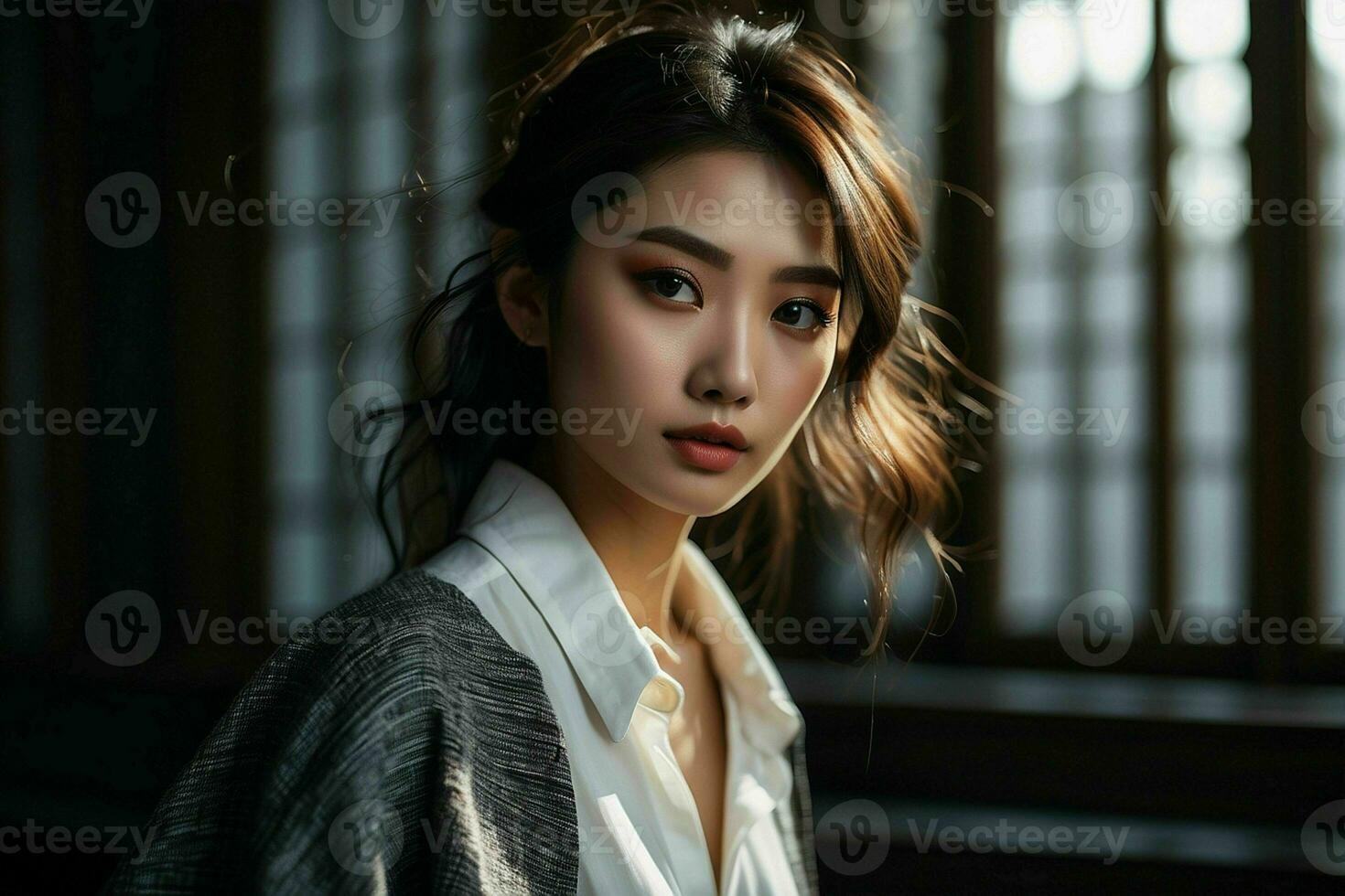 AI generated Stunning beautiful young Asian woman with high contrast shadow and fashionable style. Pro Photo