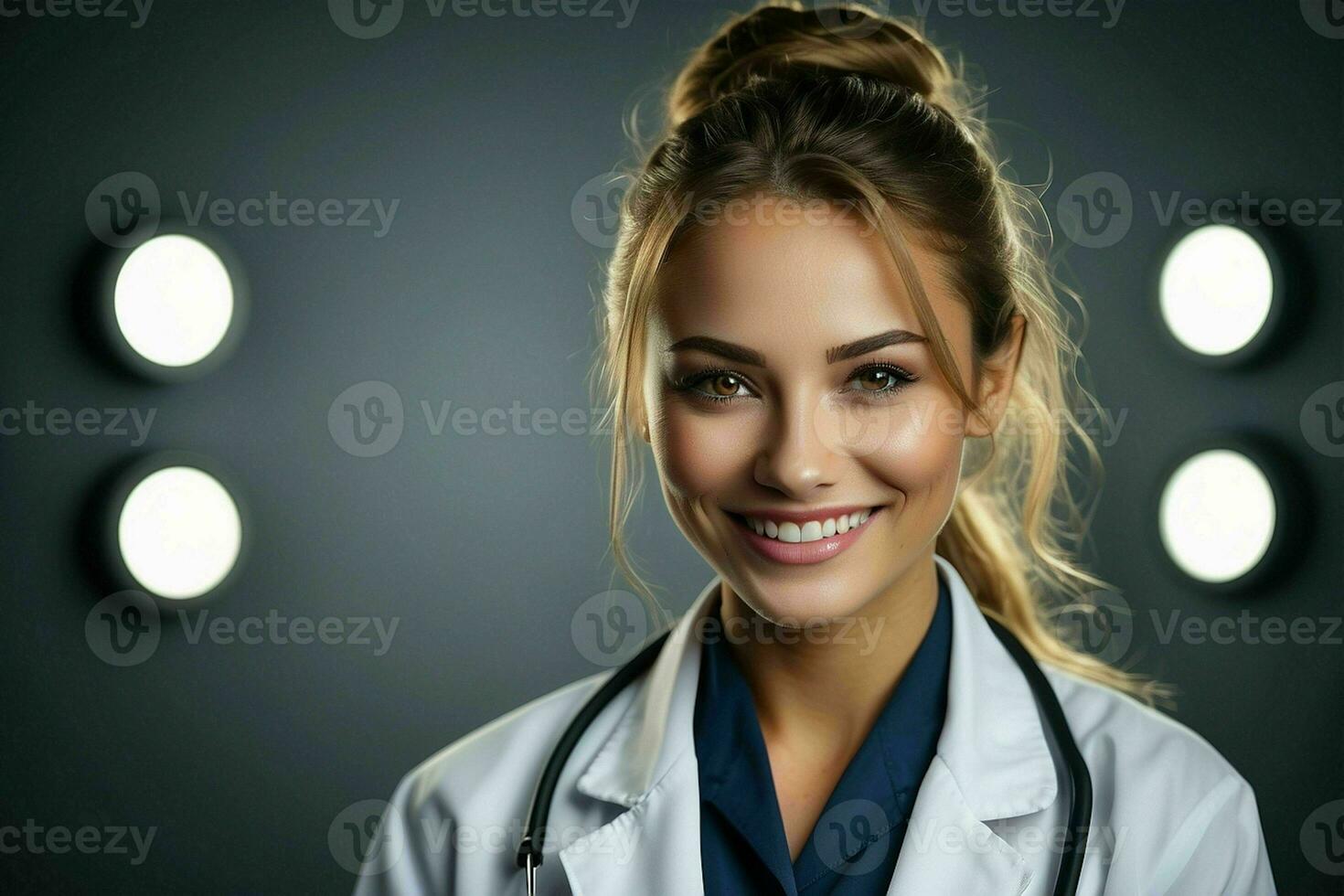 ai generado sonriente joven hembra médico en un blanco abrigo, un estetoscopio a un hospital. Pro foto
