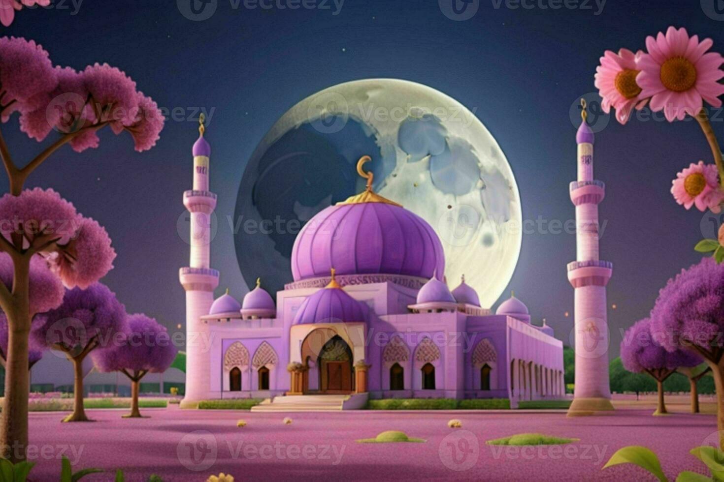AI generated 3d render mosque, moon and flowers with pastel colors. Eid mubarak and Eid al adha. Pro Photo