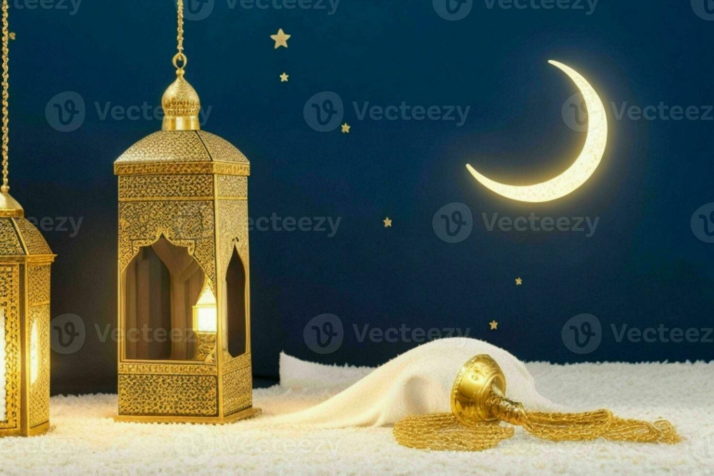 AI generated Islamic decoration eid mubarak and eid al adha background with lantern and crescent moon luxury style with copy space. Pro Photo