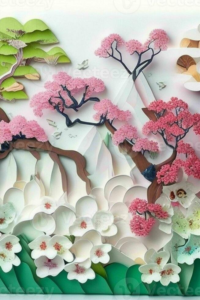 AI generated Japanese nature and landscape paper cut. Pro Photo