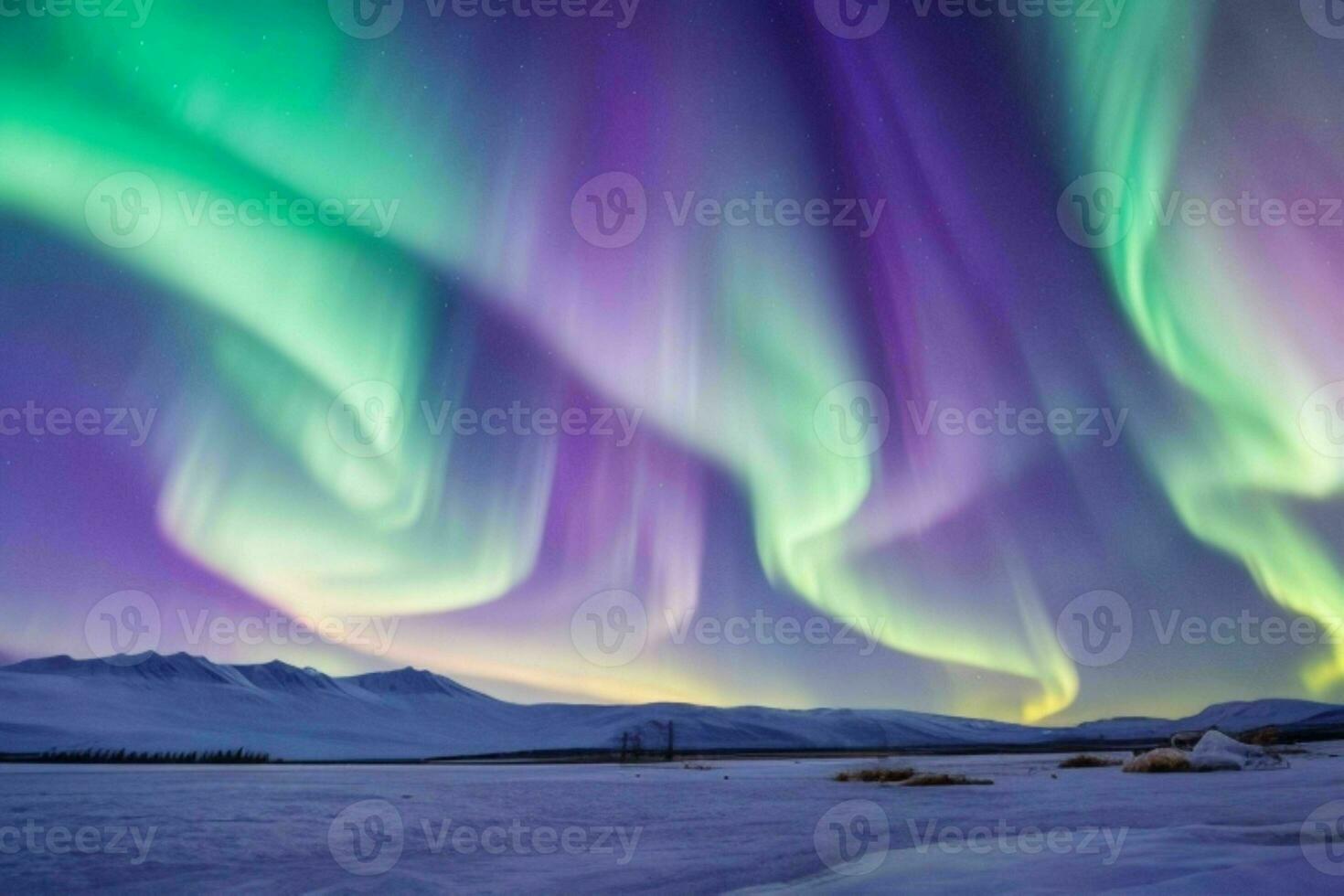 AI generated landscape photography of Aurora borealis in the sky background. Pro Photo