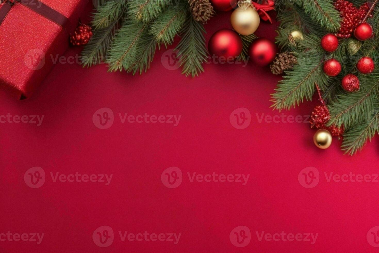 AI generated Red background. Merry Christmas and New Year banner with Copy space. Pro Photo