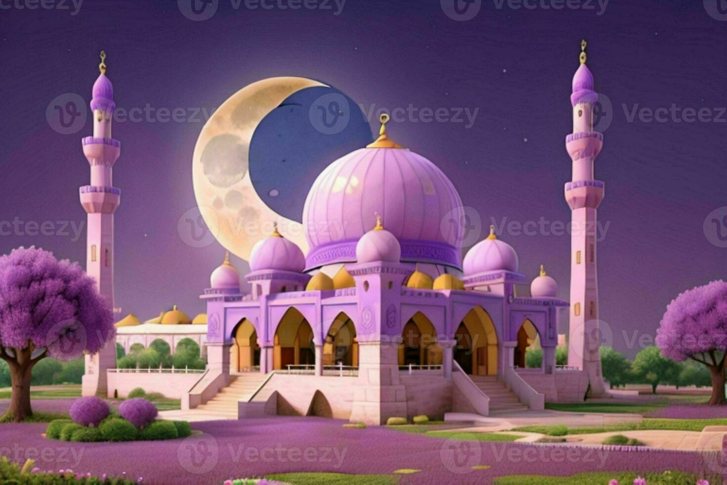 AI generated 3d render mosque, moon and flowers with pastel colors. Eid mubarak and Eid al adha. Pro Photo