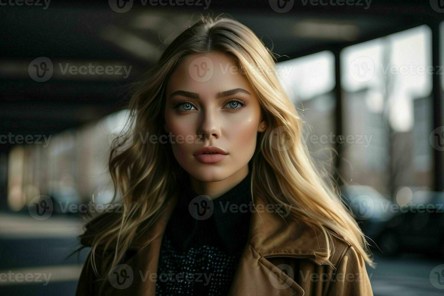 AI generated Stunning beautiful young woman with high contrast shadow and fashionable style photo